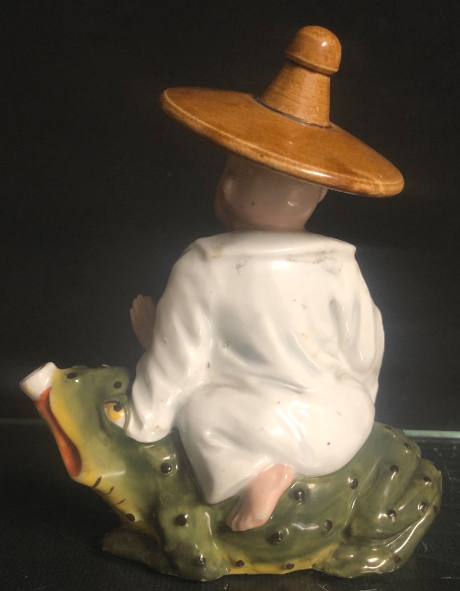 RARE encrier Magot Chinois sur une grenouille XIXe Porcelaine polychrome Chine-photo-3