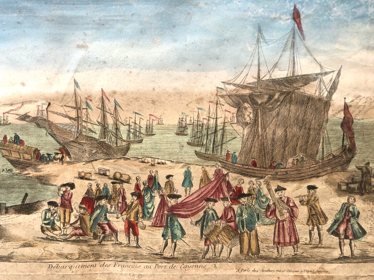RARE Gravure XVIIIe CAYENNE Guyane Débarquement des Français au port -photo-4