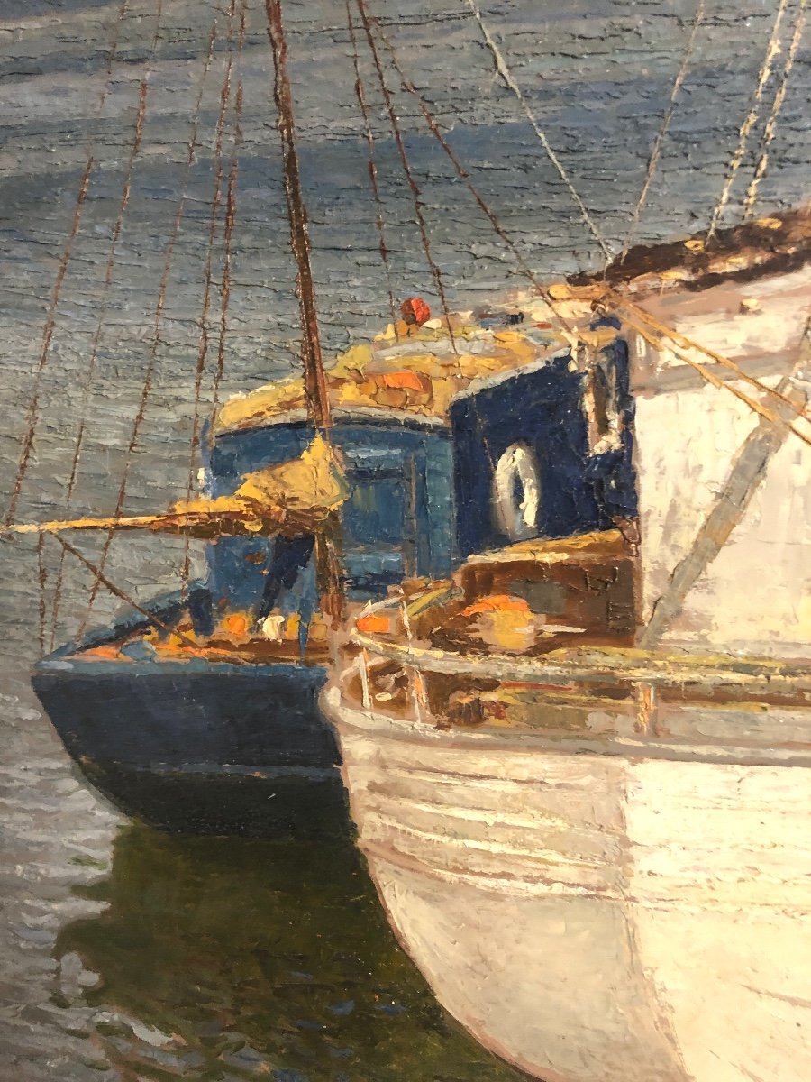 Pierre ROIG 1905-1963 IMPORTANTE Huile bateaux au port en Méditerranée 73x100cm Lyon -photo-4