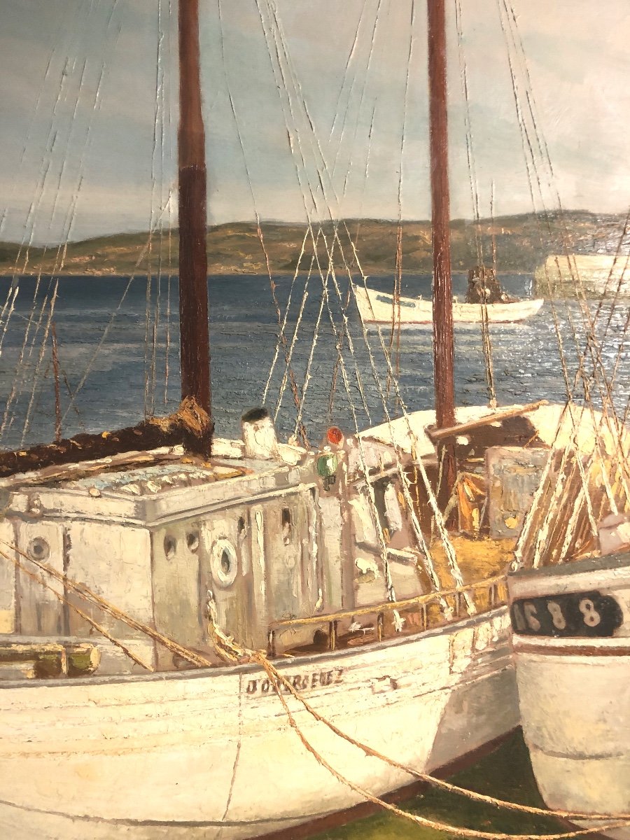 Pierre ROIG 1905-1963 IMPORTANTE Huile bateaux au port en Méditerranée 73x100cm Lyon -photo-1