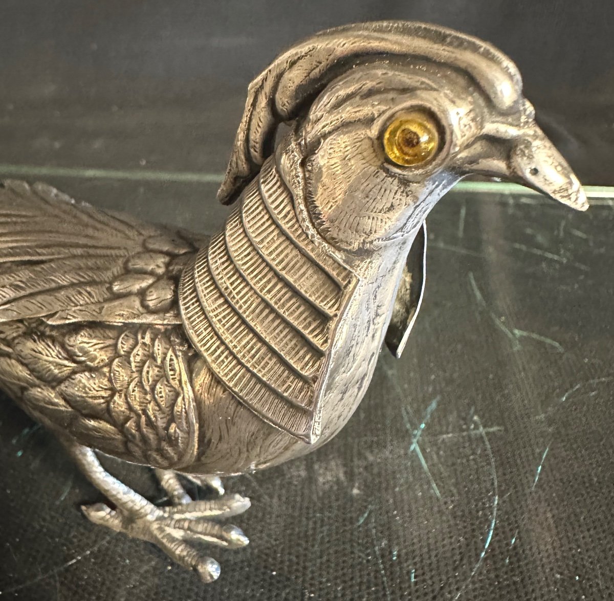 Pheasant In Alpaca Says German Silver Signed 31 Cm Very Good Condition Glass Eyes-photo-2