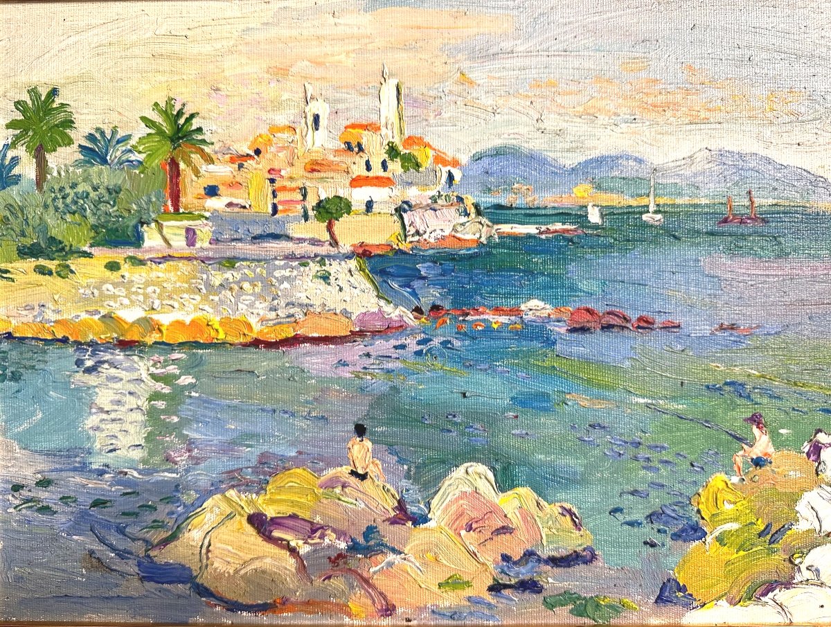 Fred YATES Angleterre 1922-2008 Huile Antibes baigneur et pêcheur signé daté-photo-2