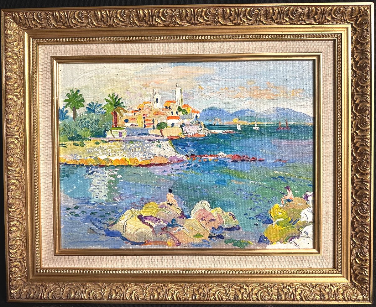 Fred YATES Angleterre 1922-2008 Huile Antibes baigneur et pêcheur signé daté