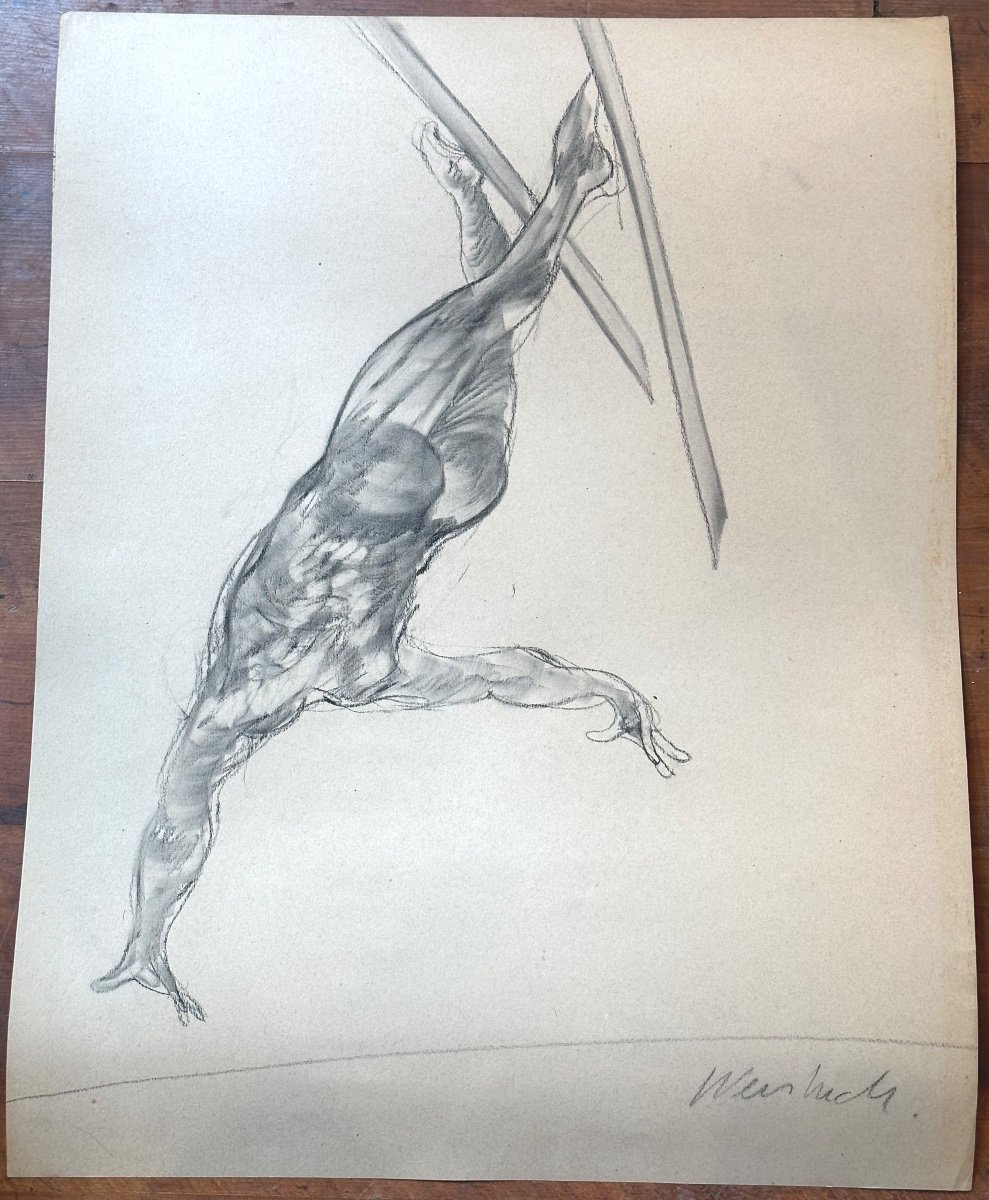 Claude WEISBUCH 1927-2014 RARE Dessin rehaussé Ski acrobatique Tignes 1986 Savoie skieur En très bon état  /1-photo-2