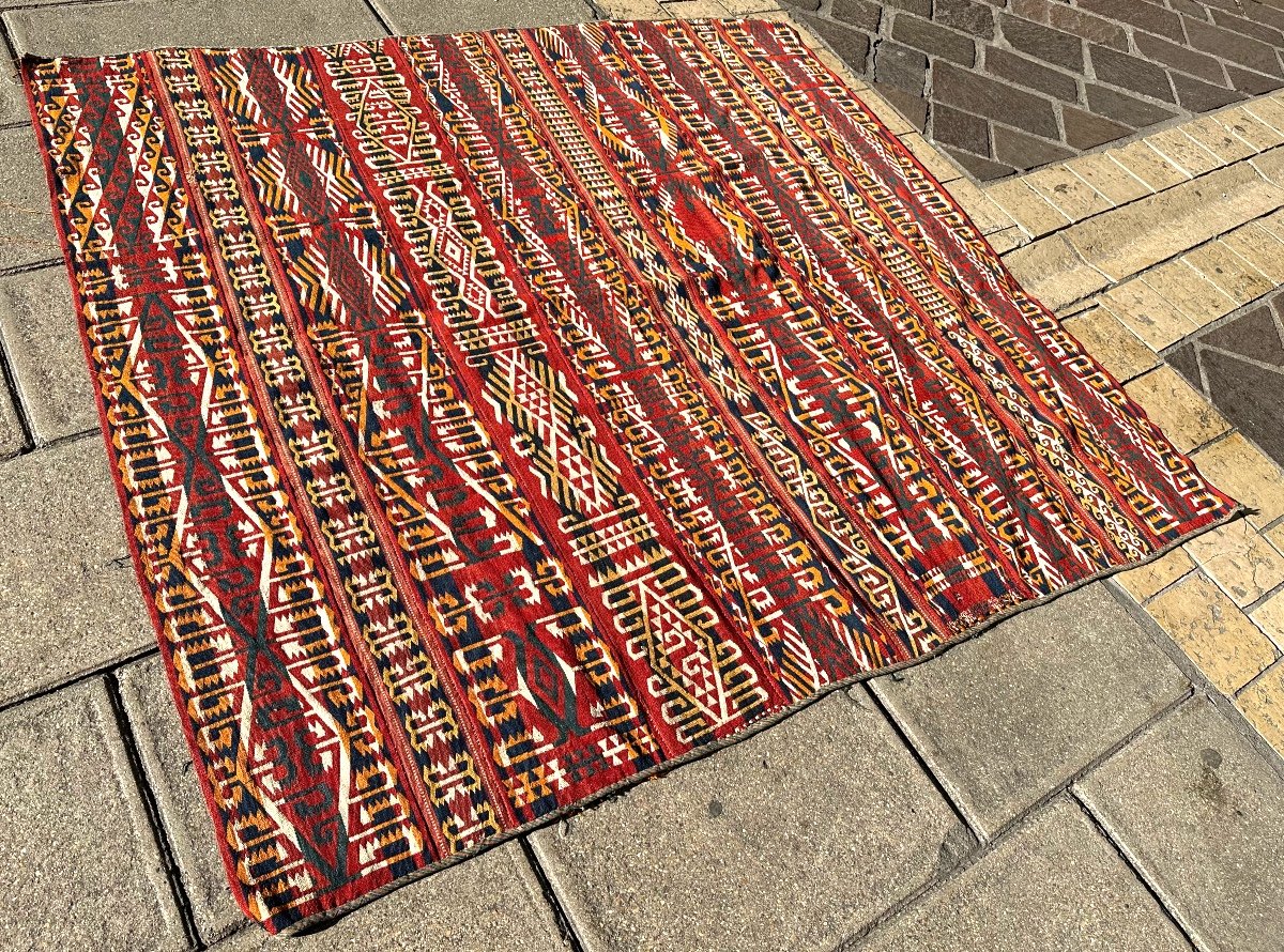 Old Kilim 200 X 185 Cm Hand Woven Wool Rug Or Wall Hanging Around 1950 Fresh Colors-photo-3