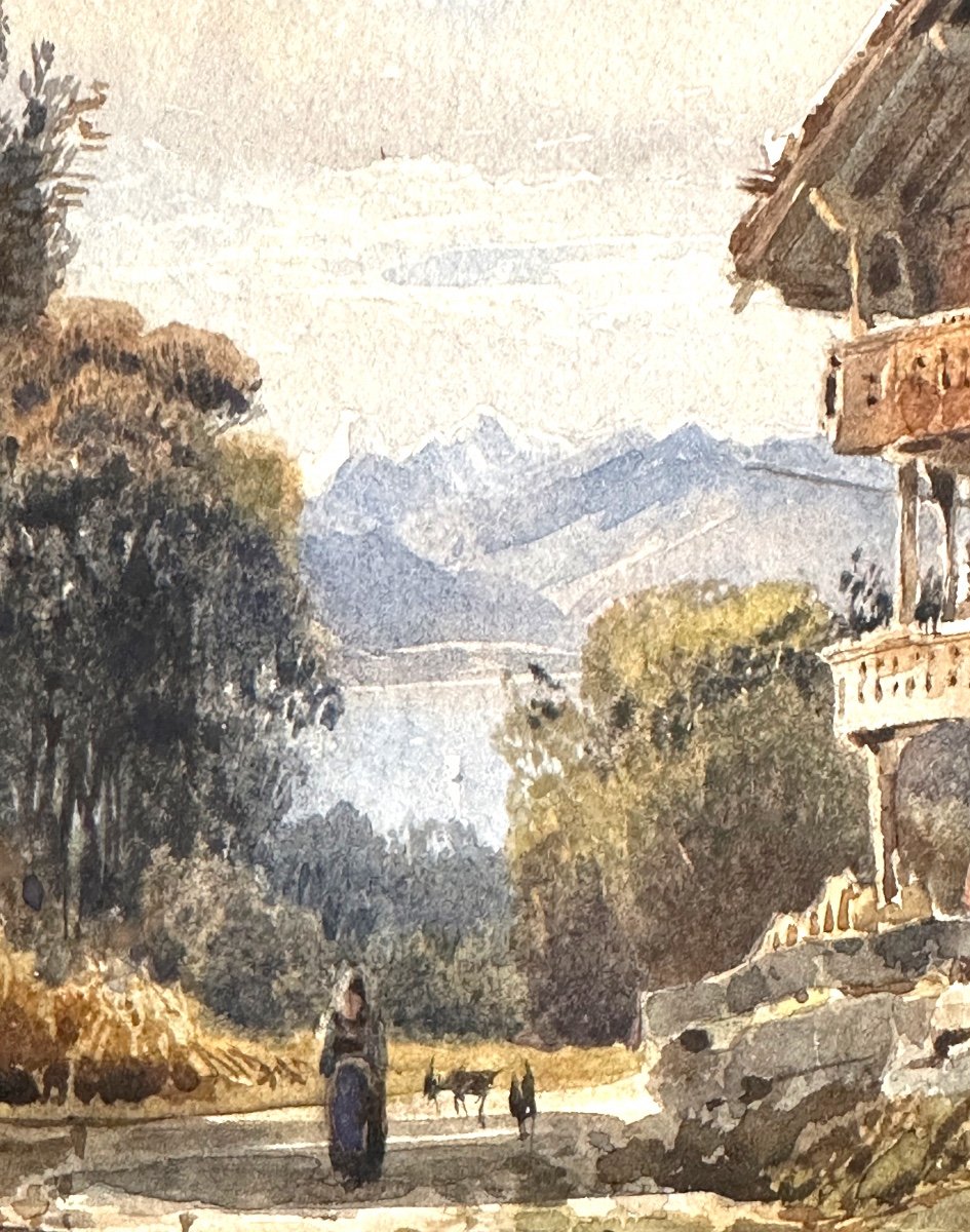 Jean Marc Dunant-vallier 1818-1888 Swiss Chalet With Lake And Mountains Watercolor Alps-photo-4