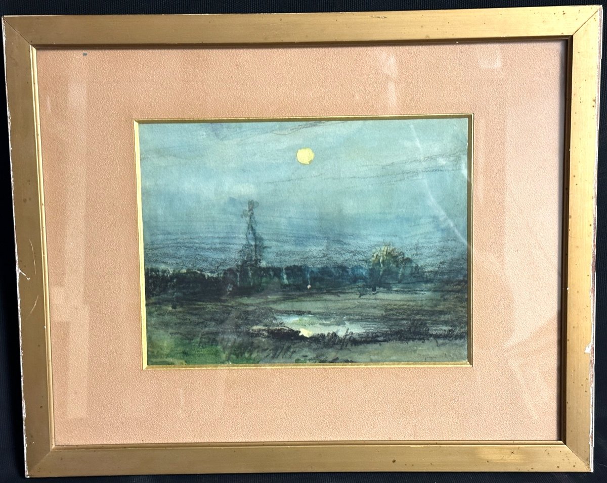 Pierre REYNAUD 1881-1943 Paysage à l’étang et pleine lune pastel et gouache Roanne-photo-2