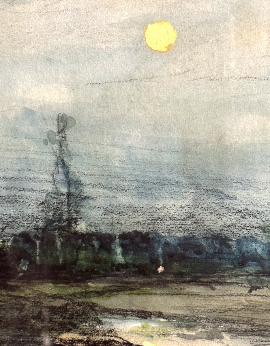 Pierre REYNAUD 1881-1943 Paysage à l’étang et pleine lune pastel et gouache Roanne-photo-1