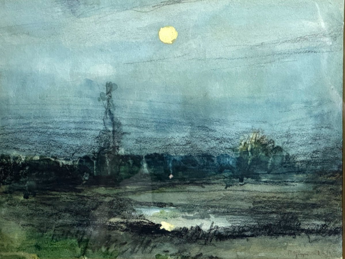 Pierre REYNAUD 1881-1943 Paysage à l’étang et pleine lune pastel et gouache Roanne