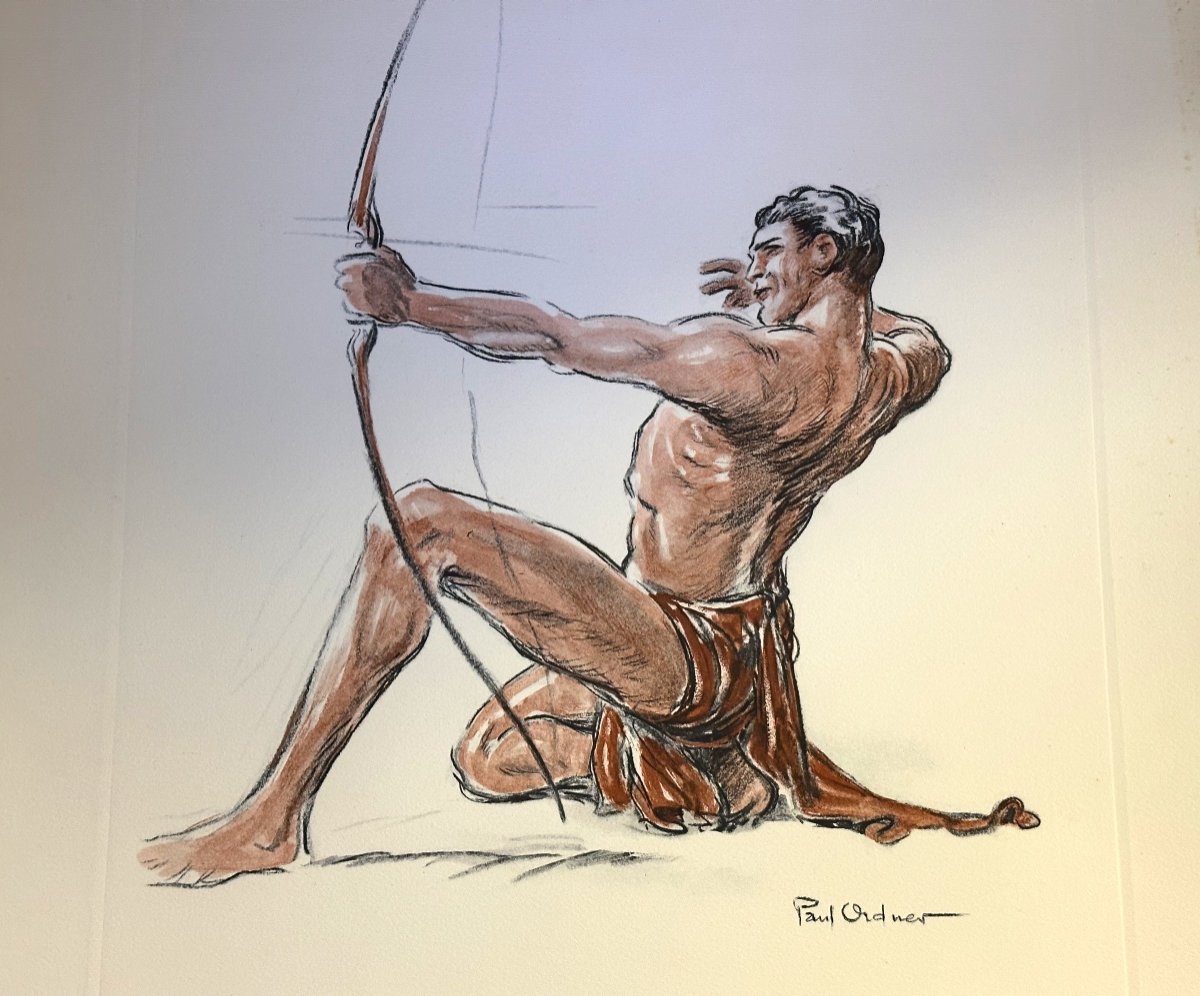 Paul ORDNER 1901-1969 Archer de profil Lithographie originale couleurs signée Homme sportif Tir à l'arc sport  /3-photo-1