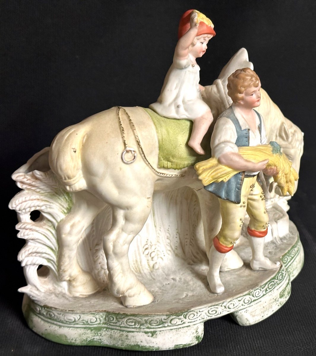 Young Horseman Aux Moissons Large Empty Pocket Biscuit Planter Late 19th Century Signed Cheval /4-photo-4