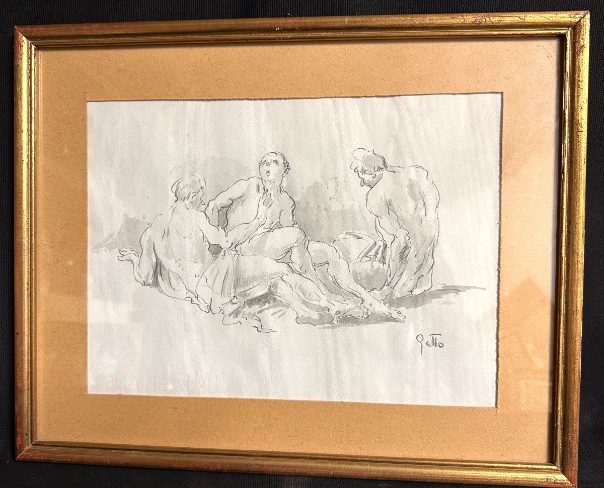 Saverio GATTO 1877-1959 Trois Hommes conversant Dessin aquarellé /2-photo-2