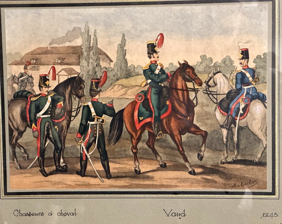 Albert Von ESCHER Suisse 1833-1945 Canton de Vaud  Gravure rehaussée Chasseurs à cheval /1-photo-2