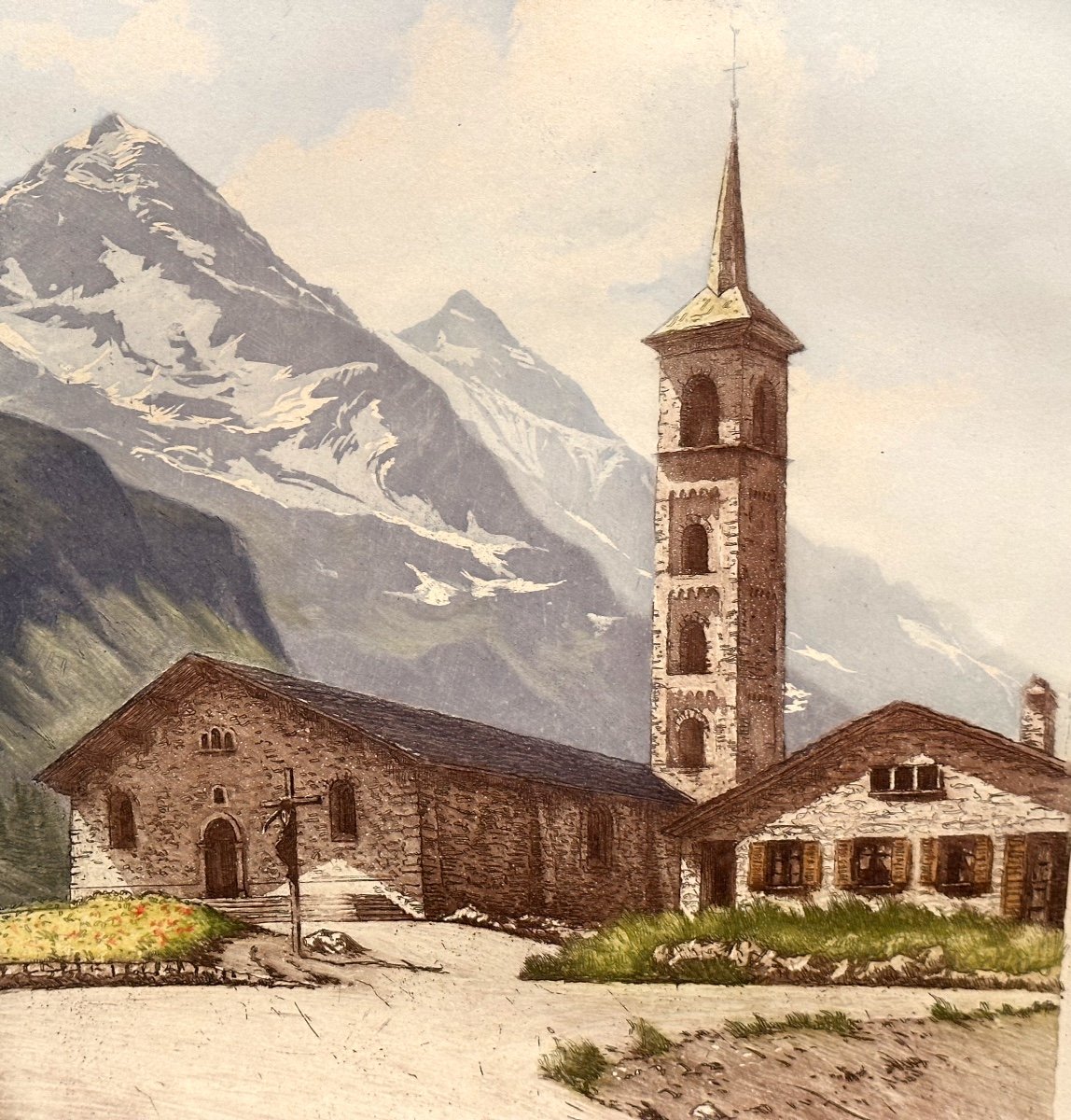 Joanny Drevet 1889-1969 Church Of Tignes In Savoie Rare And Large Aquatint 1962 Mountain Alps-photo-3