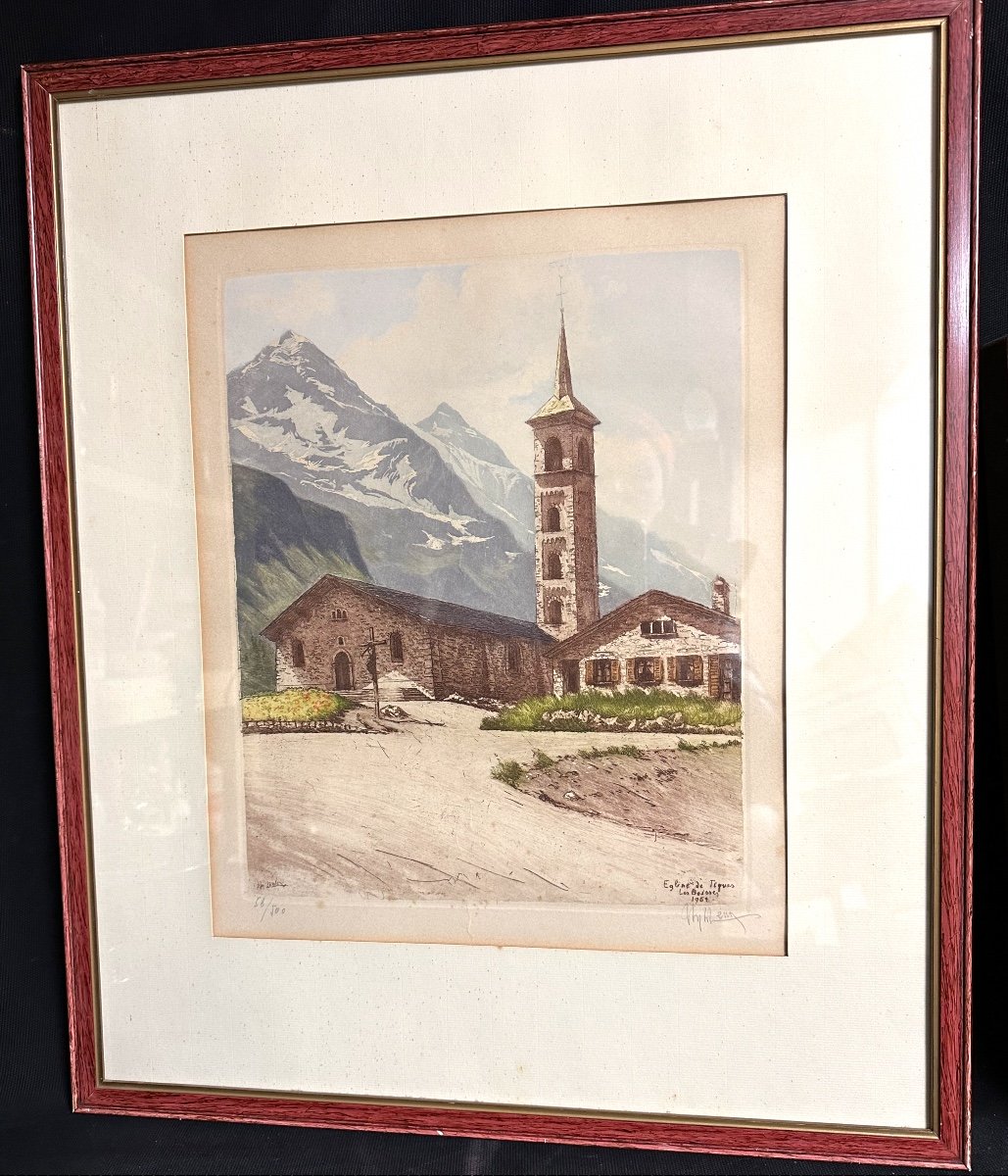 Joanny Drevet 1889-1969 Church Of Tignes In Savoie Rare And Large Aquatint 1962 Mountain Alps