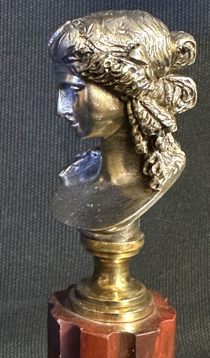 Bronze 19th Century Bust Of Ariane On Its Column Base In Royal Red Marble Hallmark Ec Or Fc-photo-3