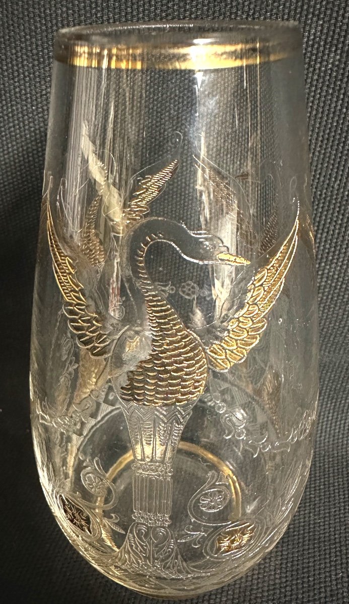 Baccarat Rare Engraved And Gilded Crystal Swan Vase Signed Cygne-photo-2