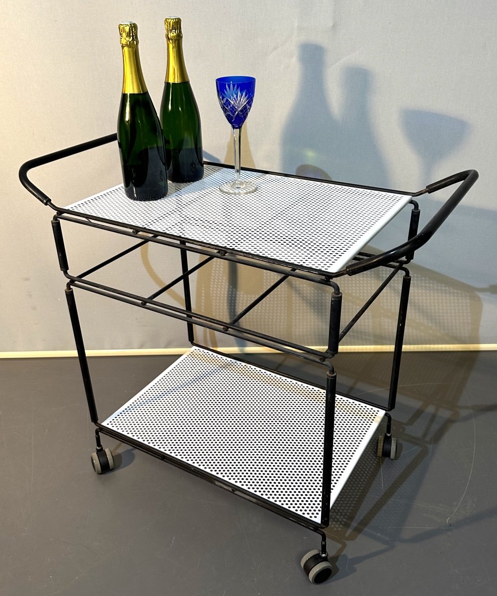 Niels Gammelgaard 1944 Rolling Trolley With Modular Trays Metal Service Black And White Metal-photo-2