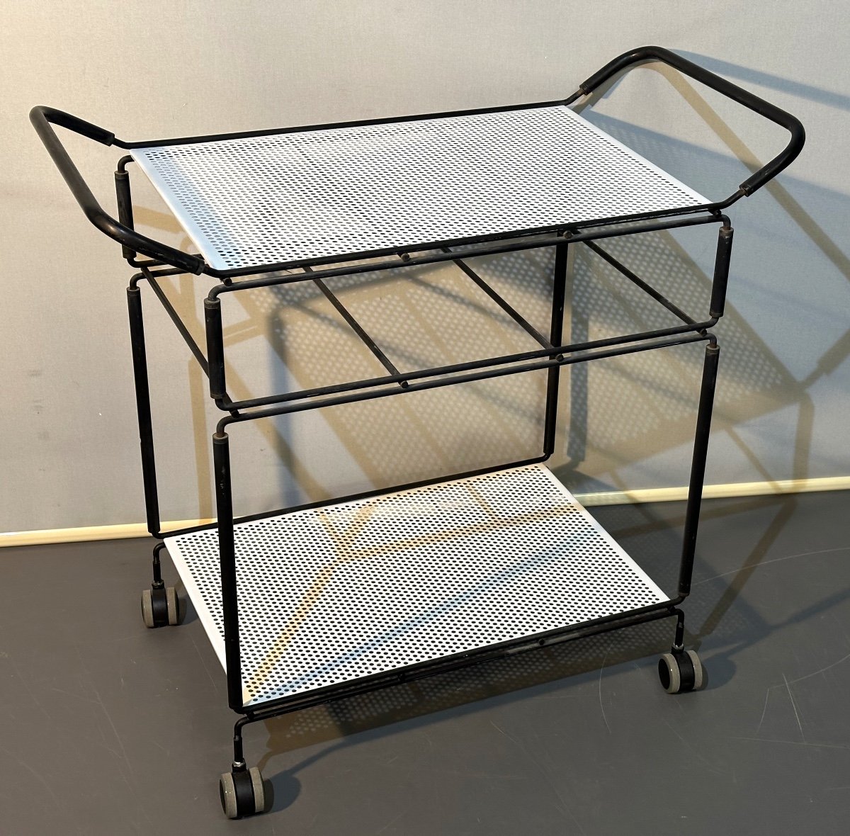 Niels Gammelgaard 1944 Rolling Trolley With Modular Trays Metal Service Black And White Metal-photo-3