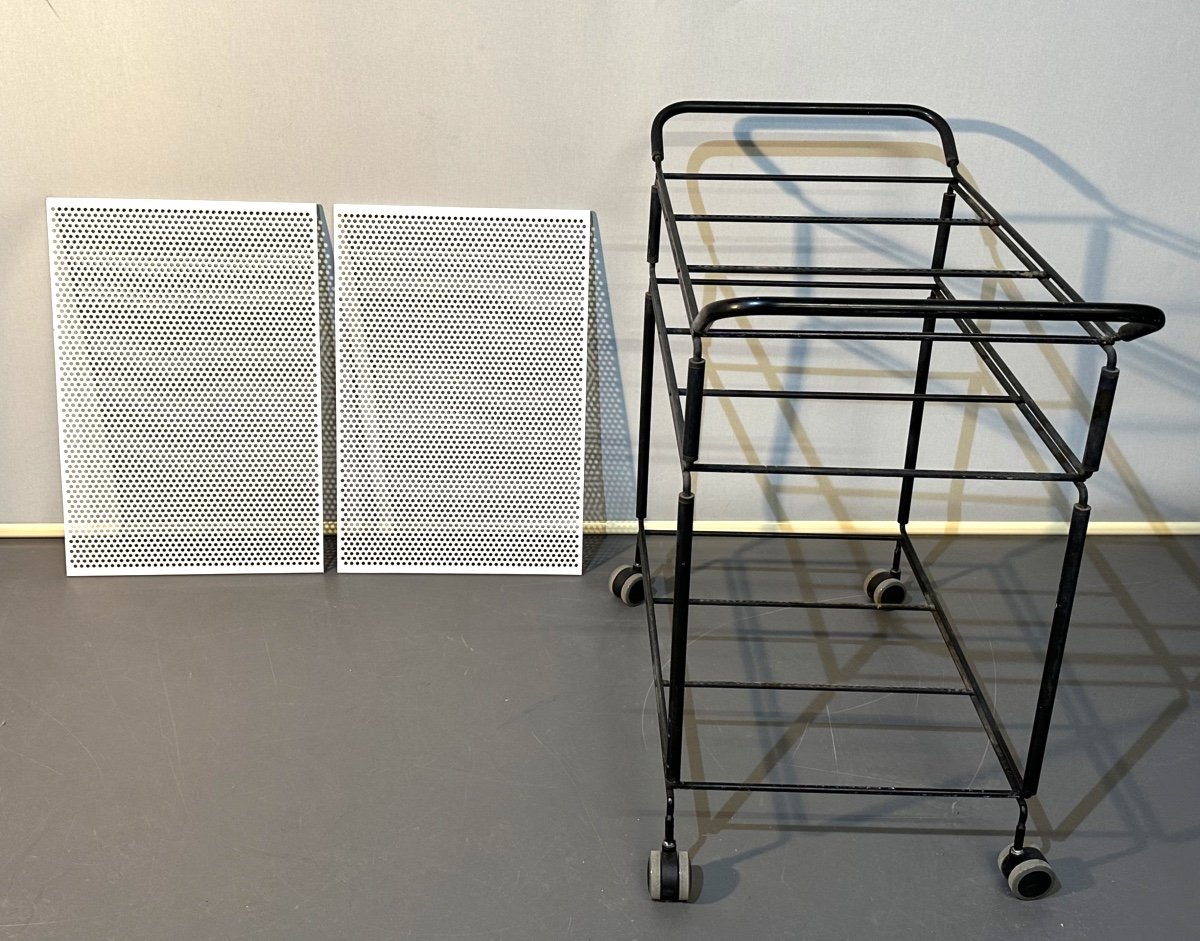 Niels Gammelgaard 1944 Rolling Trolley With Modular Trays Metal Service Black And White Metal-photo-2