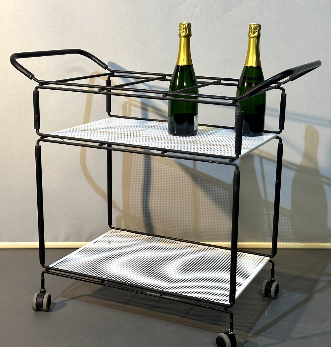 Niels Gammelgaard 1944 Rolling Trolley With Modular Trays Metal Service Black And White Metal