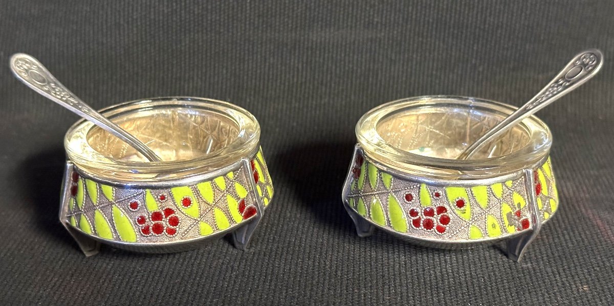 Pair Of Russian Caviar Bowls 1920 Enameled With Their Spoons Signed Russia Salt Pepper