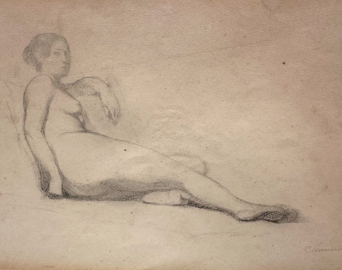 Auguste CHAVARD Lyon 1810-  Paris 1885 élève d’ Ingres Dessin femme nue allongée -photo-2