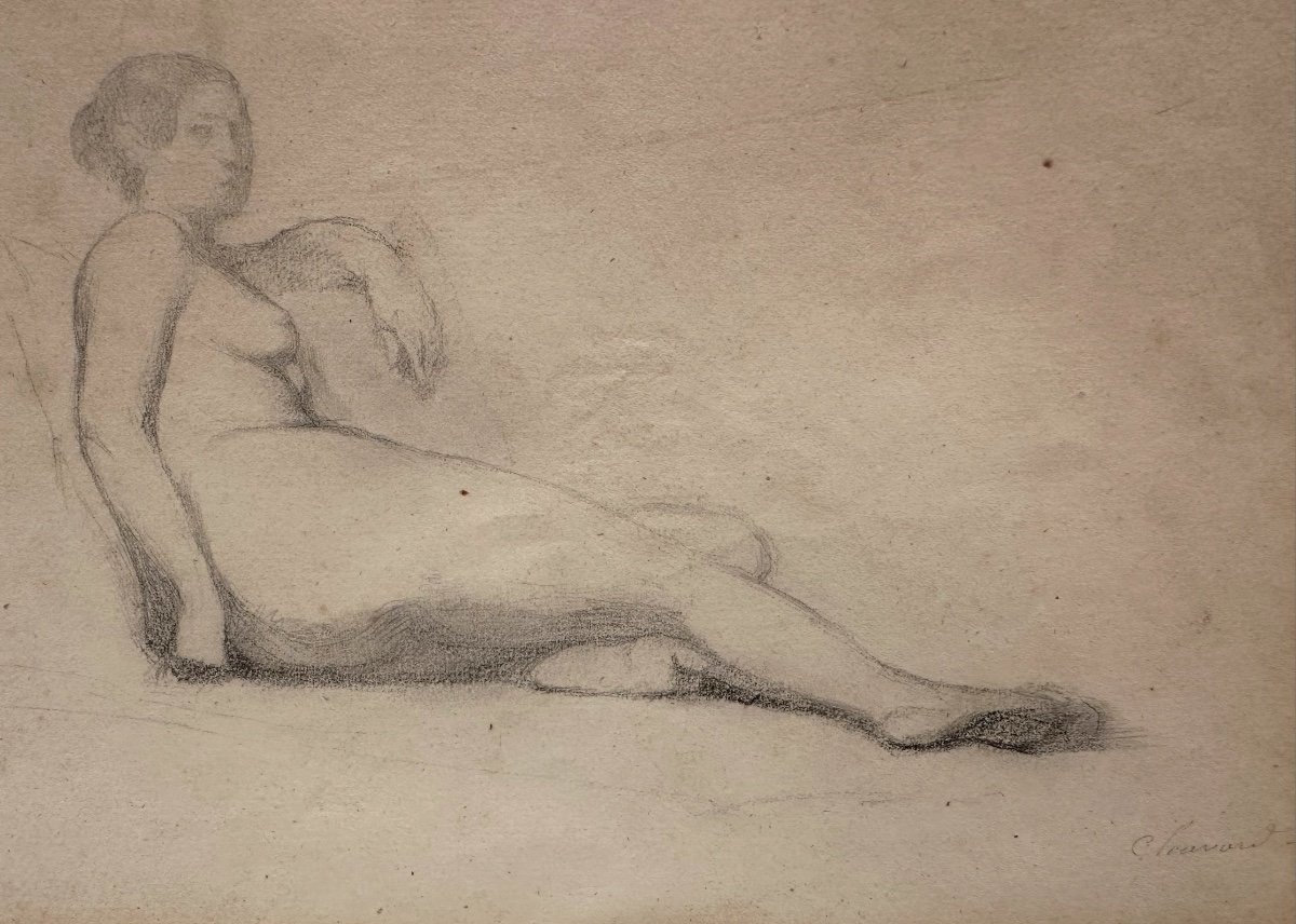 Auguste CHAVARD Lyon 1810-  Paris 1885 élève d’ Ingres Dessin femme nue allongée 