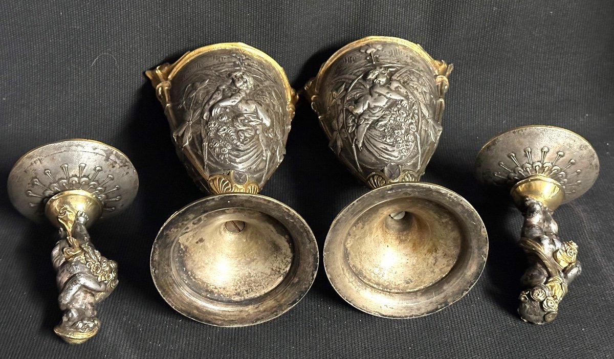 Paire de pots couverts XIXe En bronze argent et or Urnes cassolettes Barbedienne dlg-photo-2