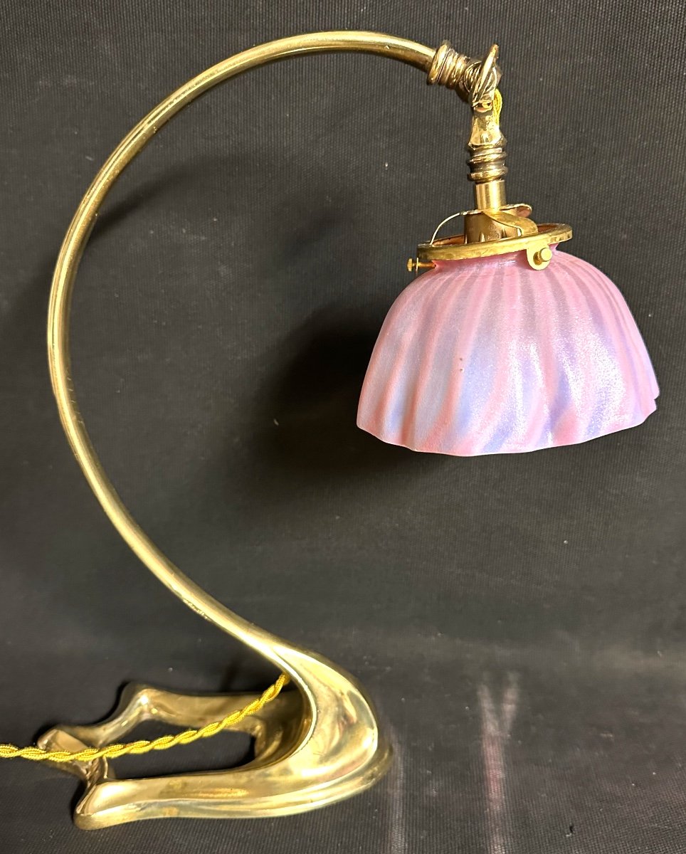 Lampe 1900 En bronze doré et tulipe opalescente Art Nouveau-photo-3