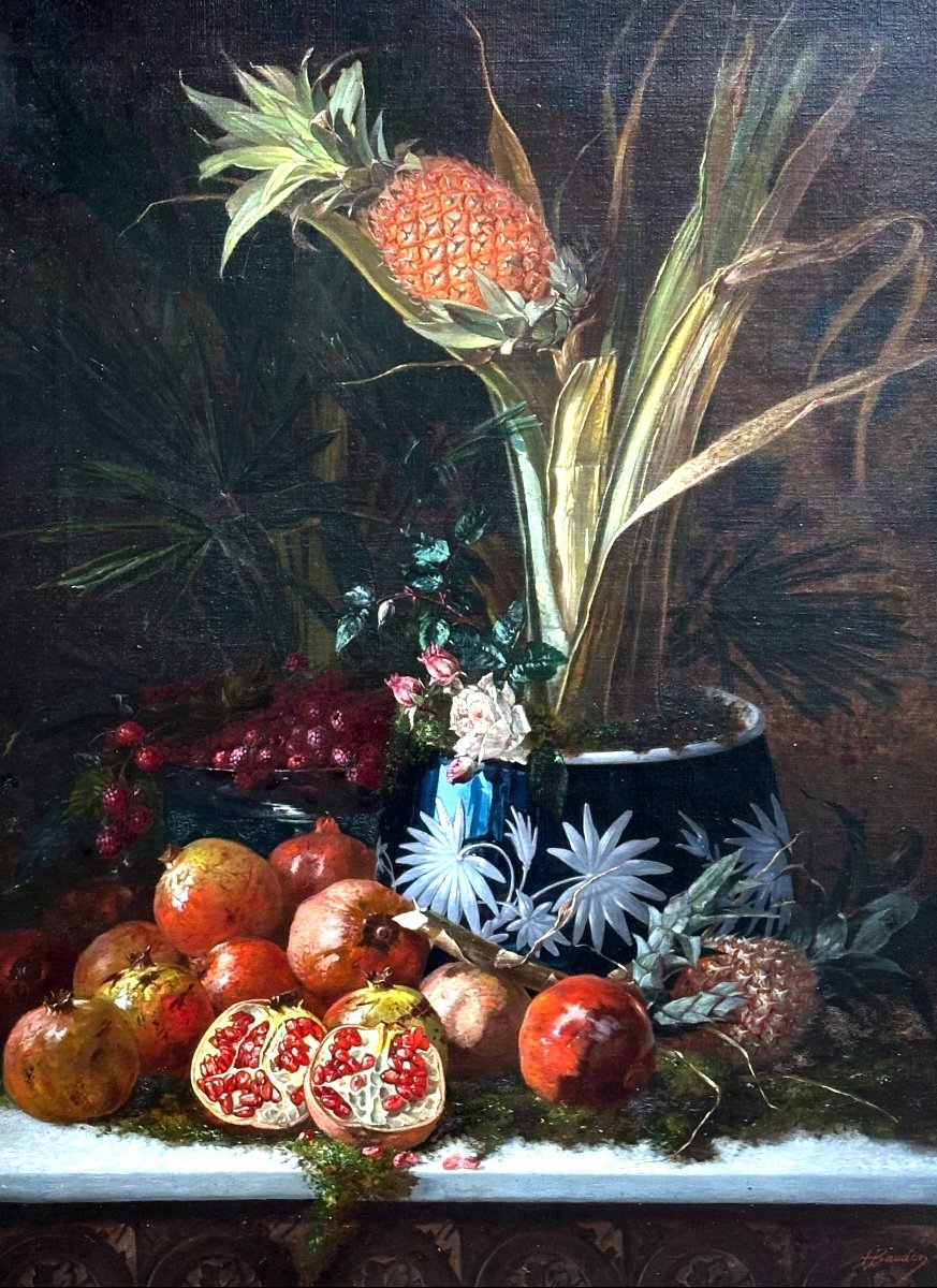 H. Baudon 19th Century Large Oil Composition With Pineapple And Exotic Fruits-photo-2