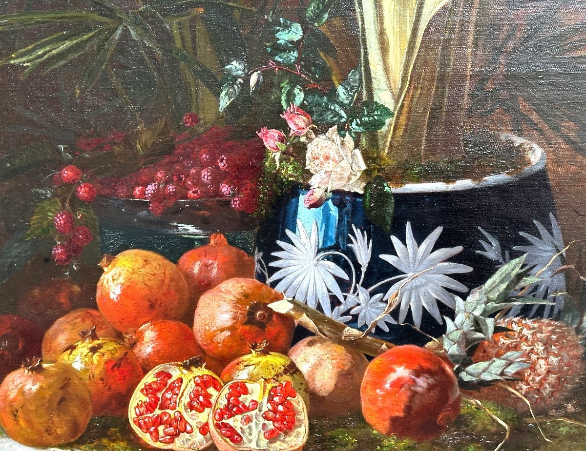 H. Baudon 19th Century Large Oil Composition With Pineapple And Exotic Fruits-photo-4