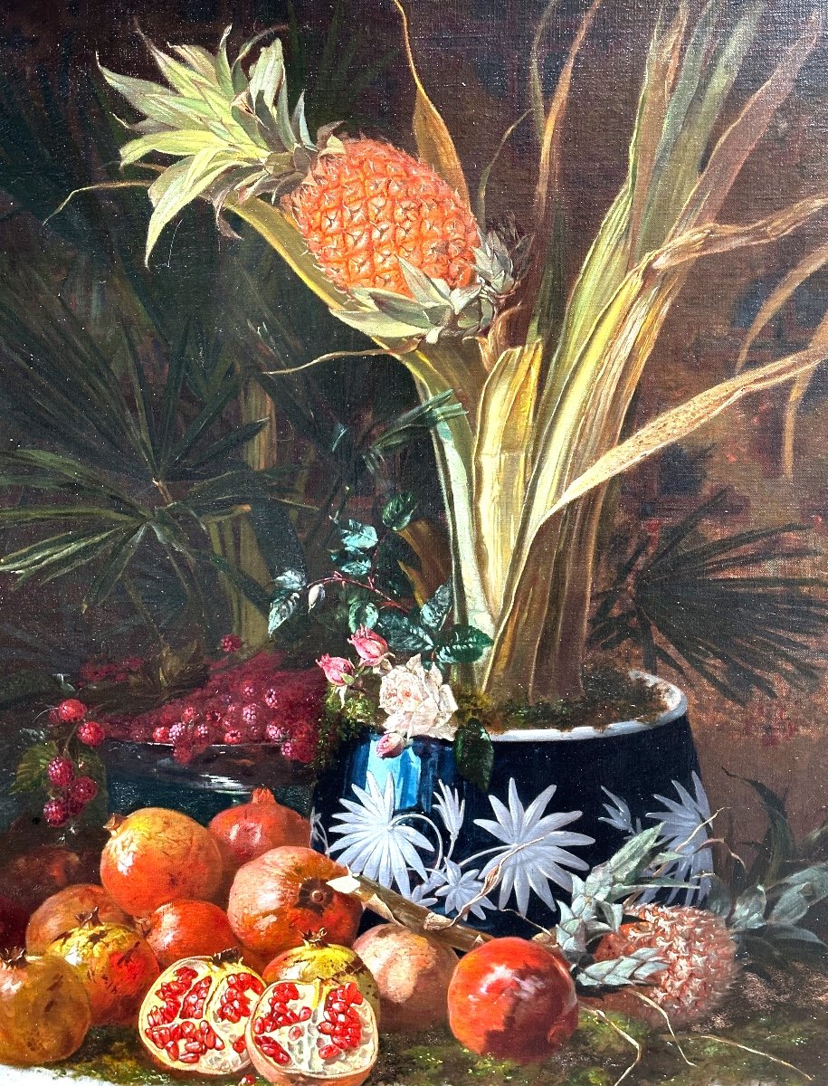 H. Baudon 19th Century Large Oil Composition With Pineapple And Exotic Fruits-photo-1