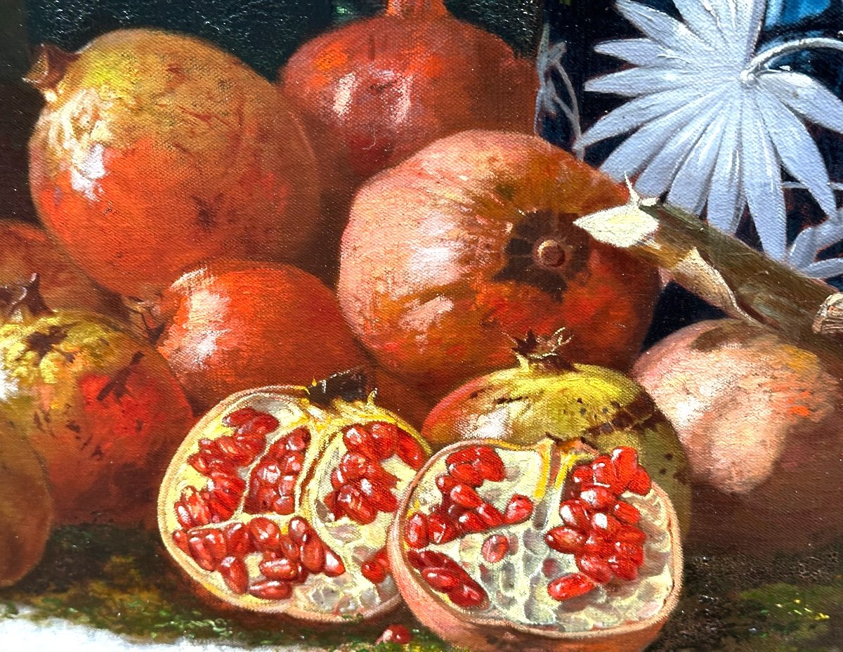 H. Baudon 19th Century Large Oil Composition With Pineapple And Exotic Fruits-photo-3