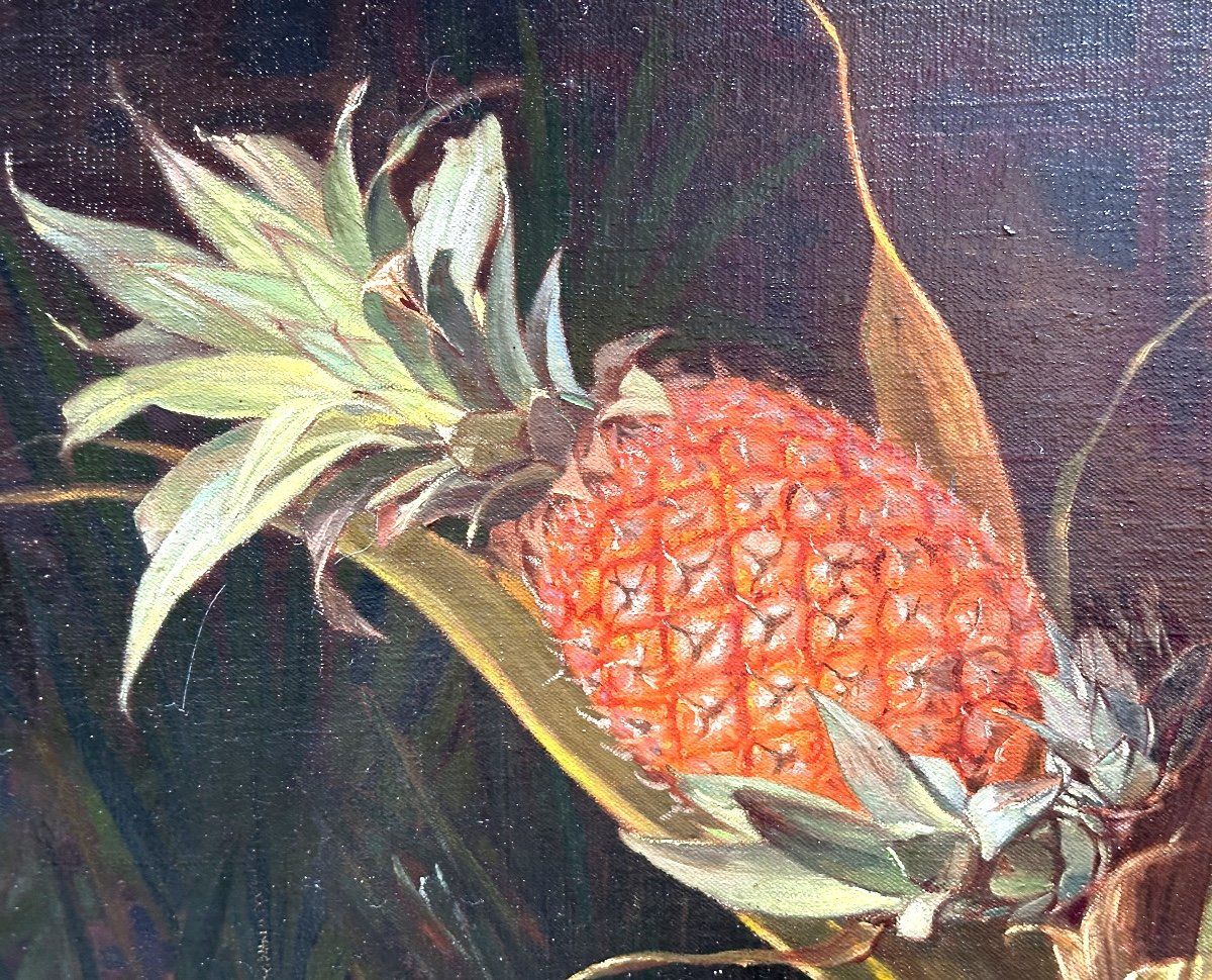 H. Baudon 19th Century Large Oil Composition With Pineapple And Exotic Fruits-photo-4