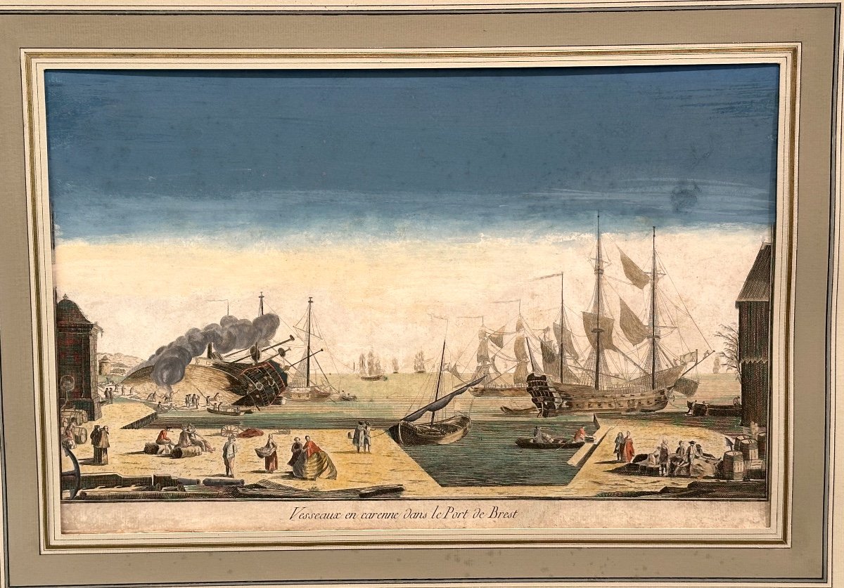 18th Century Engraved Optical View Port Of Brest Enhanced In Color-photo-2