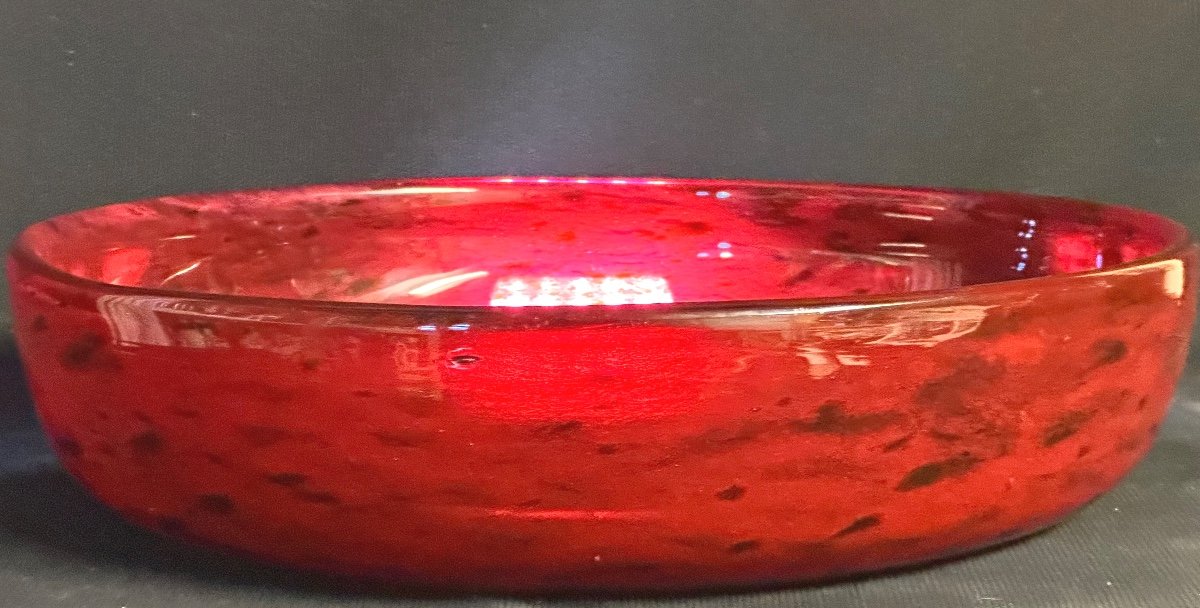 Daum Coupe Vide Poche Signée En épais Verre Rouge Marbré 31 Cm-photo-2