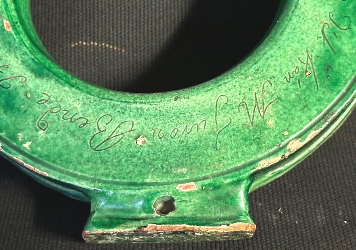 Rare Annular Gourd Dated 1865 In 19th Century Green Earthenware With Double-sided Text-photo-2