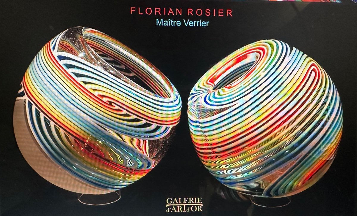 Florian ROSIER Maître Verrier XXe Grande coupe signée à  inclusions de verre multicolore -photo-6