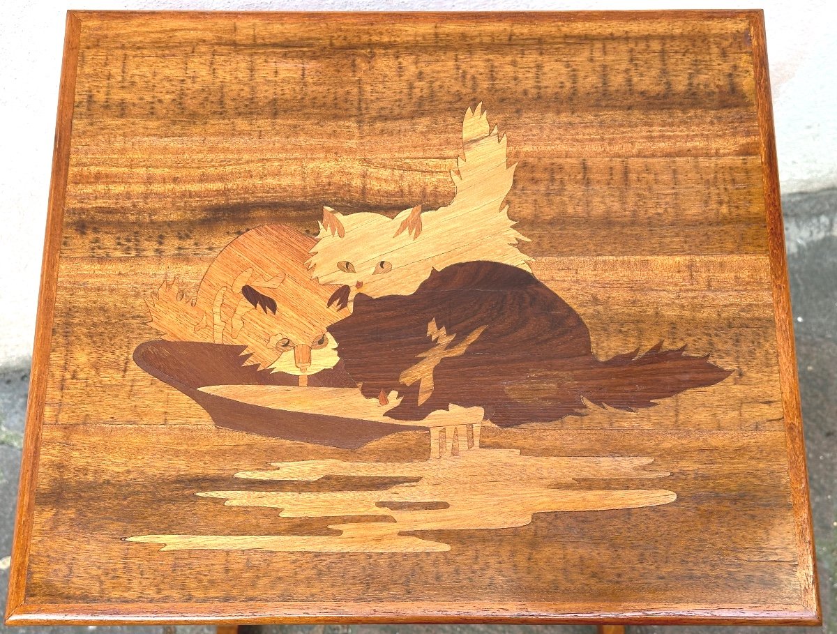 émile Gallé 1846-1904 Rare Cat Table In Art Nouveau Marquetry Nancy In Very Good Condition Cat-photo-2