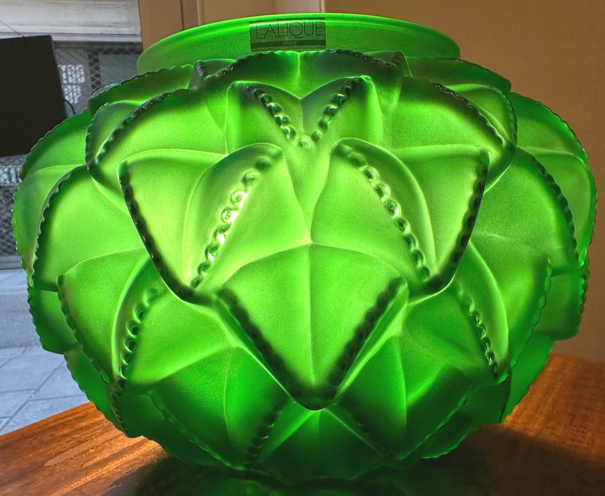 René Lalique 1860-1945 Important Languedoc Green Crystal Vase 6.3 Kgs-photo-2