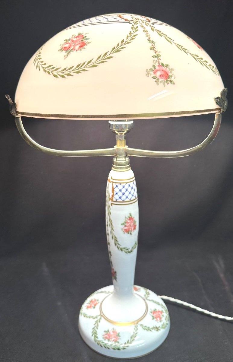 Importante Lampe 47 Cm Vers 1910 En Opaline Dans Le Goût De Desvres Fourmaintraux En Tbe 