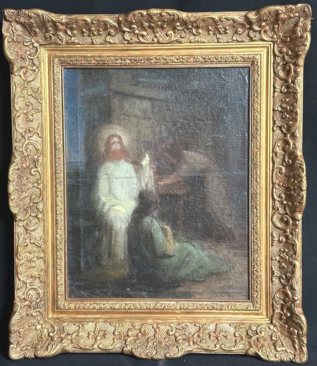 19th Century Oil Framed Jesus Chez Marthe Et Marie 