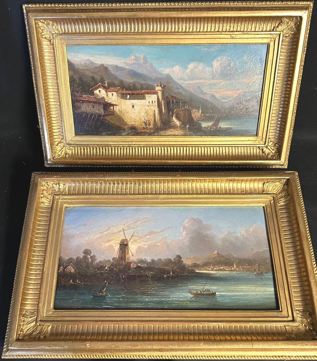 Paire huiles XIXe signées ? Paysages animés avec lac et ville 
