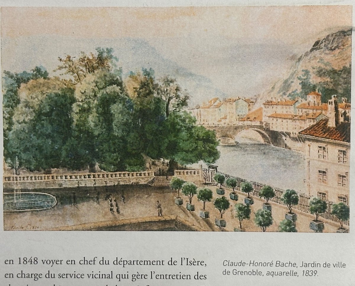 Claude Honoré BACHE 1801-1872 Aquarelle Grenoble Jardin de Ville en 1839 Isère Dauphiné /2-photo-1