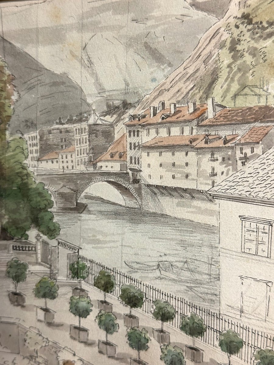 Claude Honoré BACHE 1801-1872 Aquarelle Grenoble Jardin de Ville en 1839 Isère Dauphiné /2-photo-3