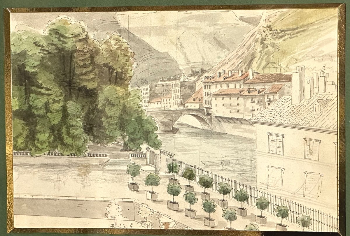 Claude Honoré BACHE 1801-1872 Aquarelle Grenoble Jardin de Ville en 1839 Isère Dauphiné /2