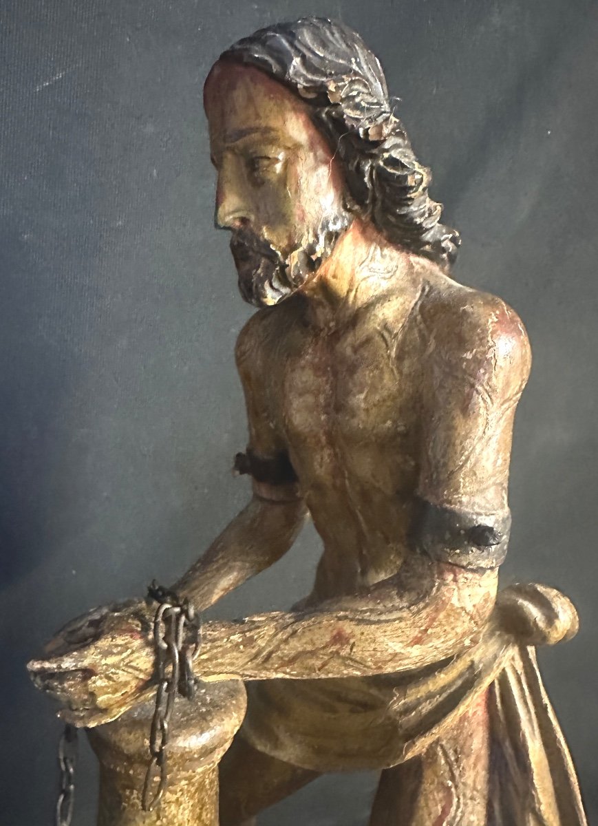Christ à la colonne XVIIe ou Christ de flagellation en bois sculpté polychrome 44 cm-photo-4