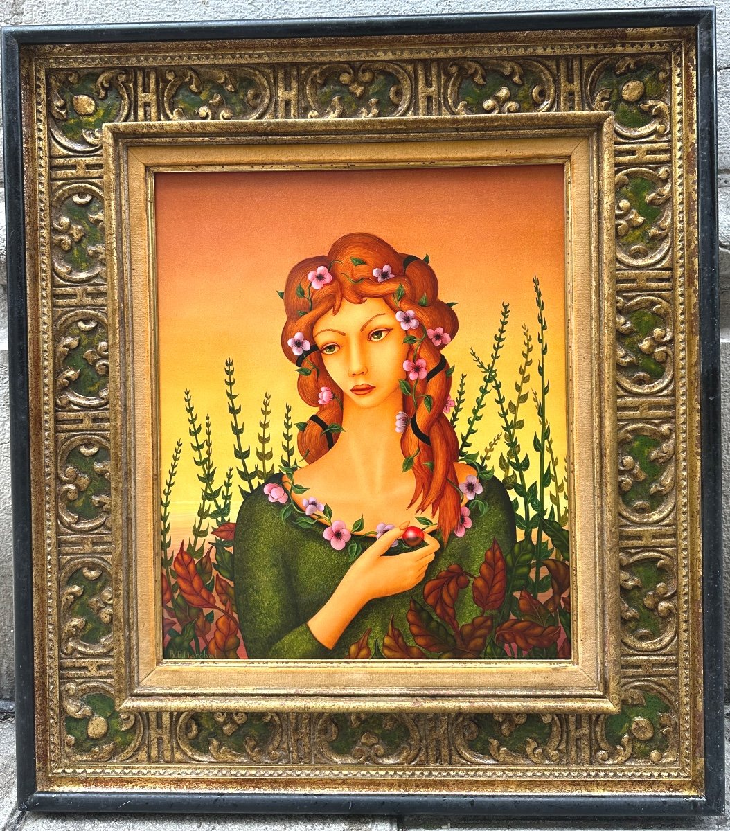 R.g. Marchal Important Oil XXth Young Woman With Flowers In Frame Signed A. Goude Paris