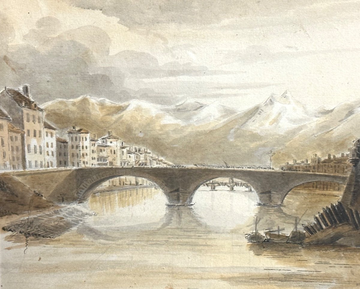 Claude Honoré BACHE 1801-1872 Aquarelle Grenoble Ville et Belledonne signé Isère Dauphiné /3